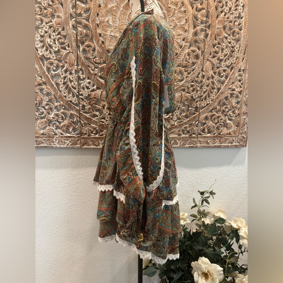 Pink and Silver Gypsy Bohemian Asymmetrical Layered Midi Dress w/ Crochet Trim - Picture 8 of 16